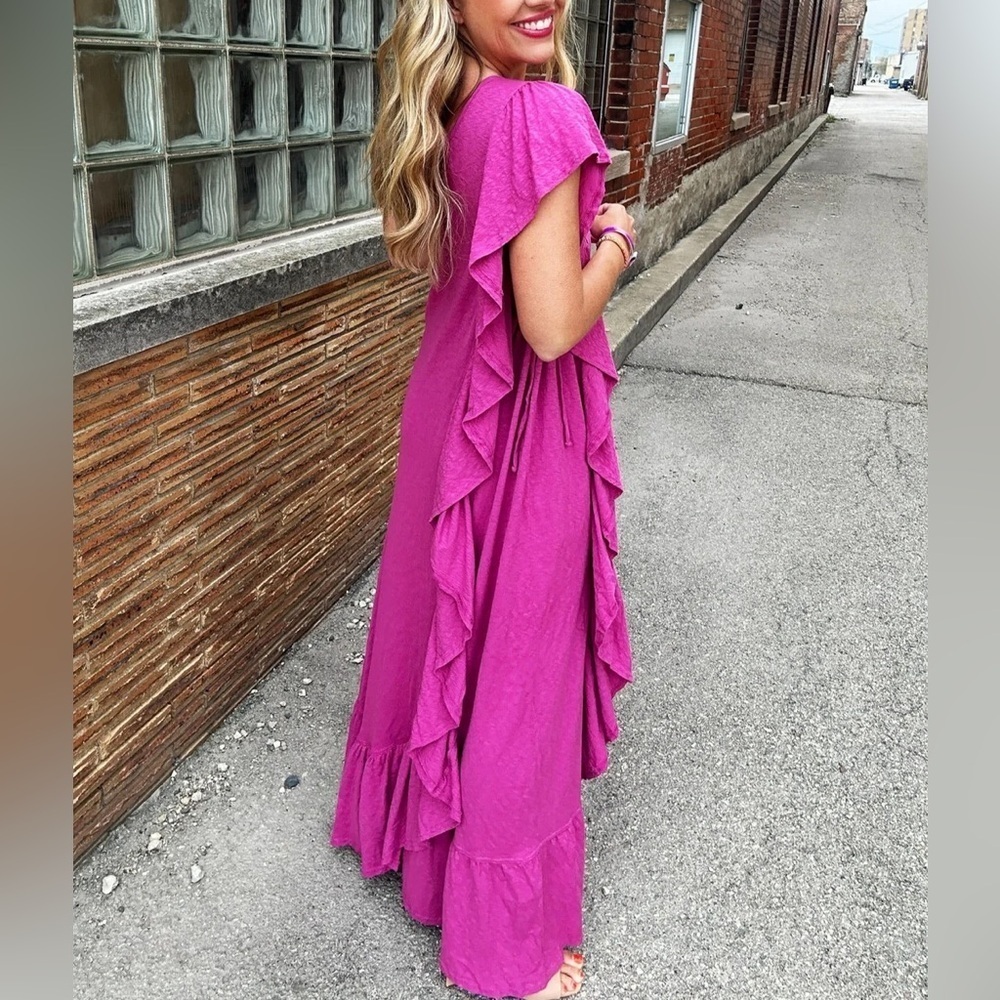 Free People Ruffle One Shoulder Maxi Dress sz M Raspberry - Picture 4 of 11